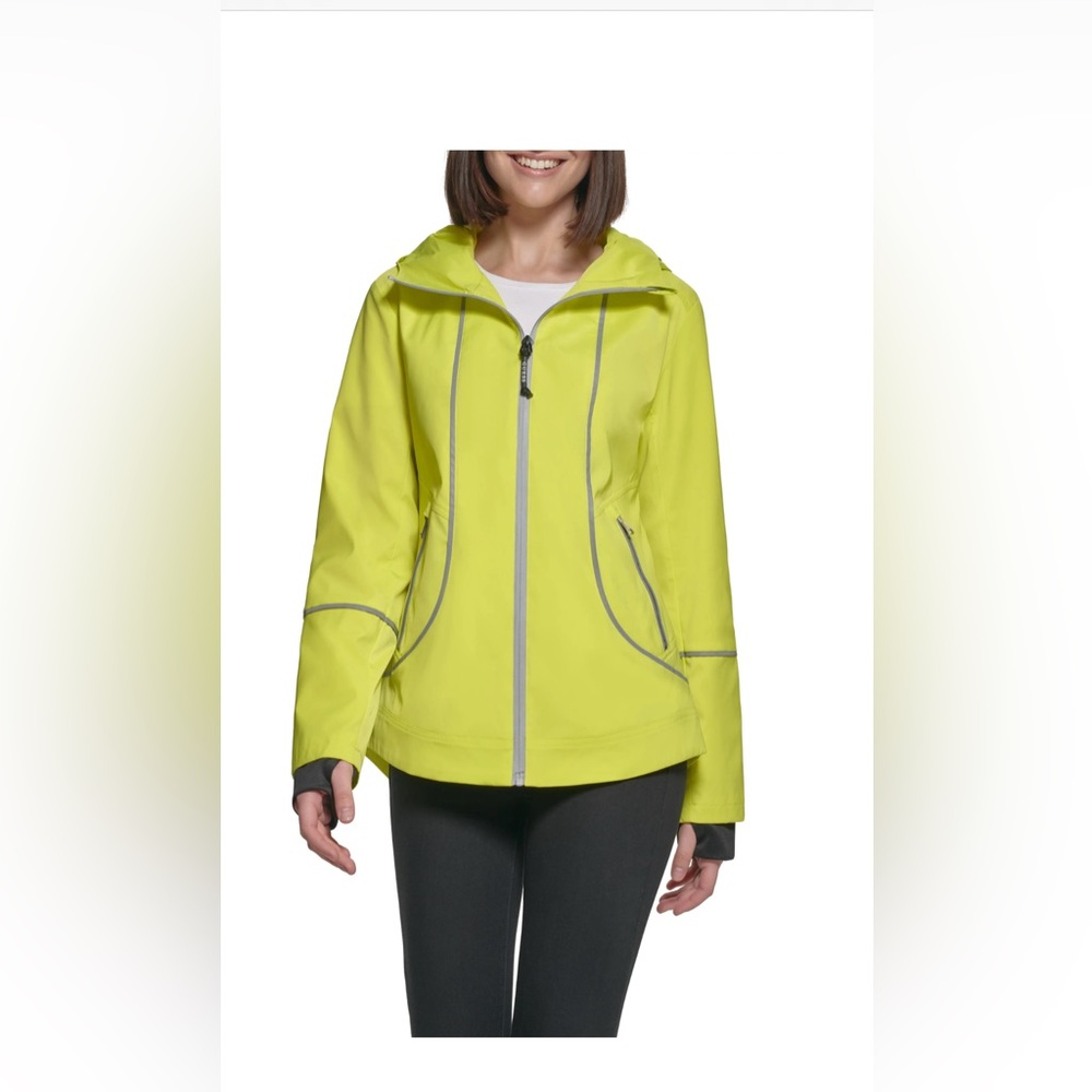 GUESS women, yellow reflective, rain jacket with hood